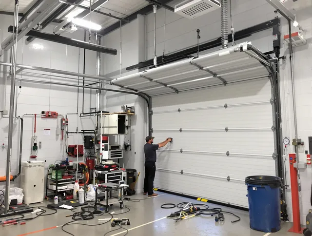 Miami Gardens Garage Door Repair certified technician performing commercial door repair at a Miami Gardens business facility