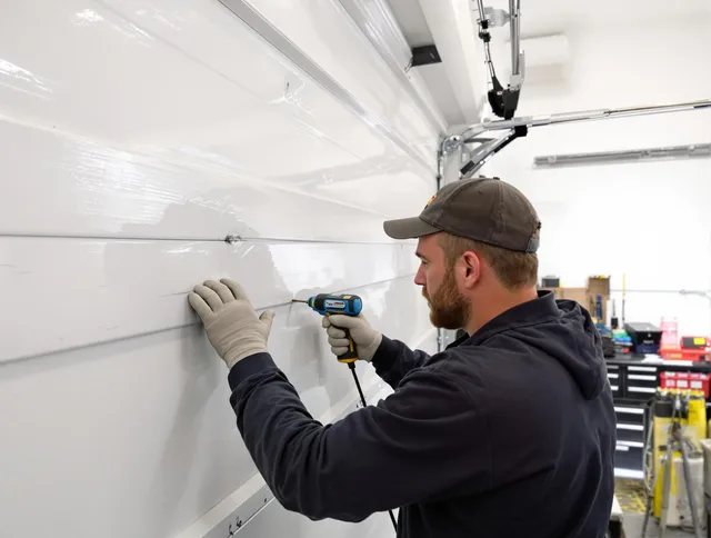 Miami Gardens Garage Door Repair technician demonstrating precision dent removal techniques on a Miami Gardens garage door