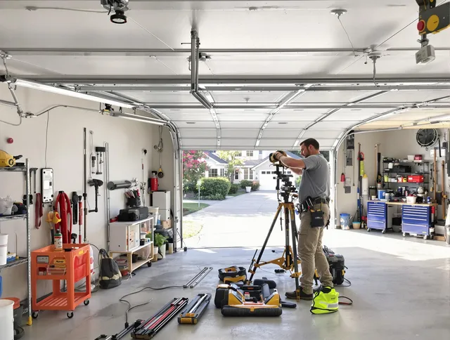 Miami Gardens Garage Door Repair specialist performing laser-guided track alignment in Miami Gardens